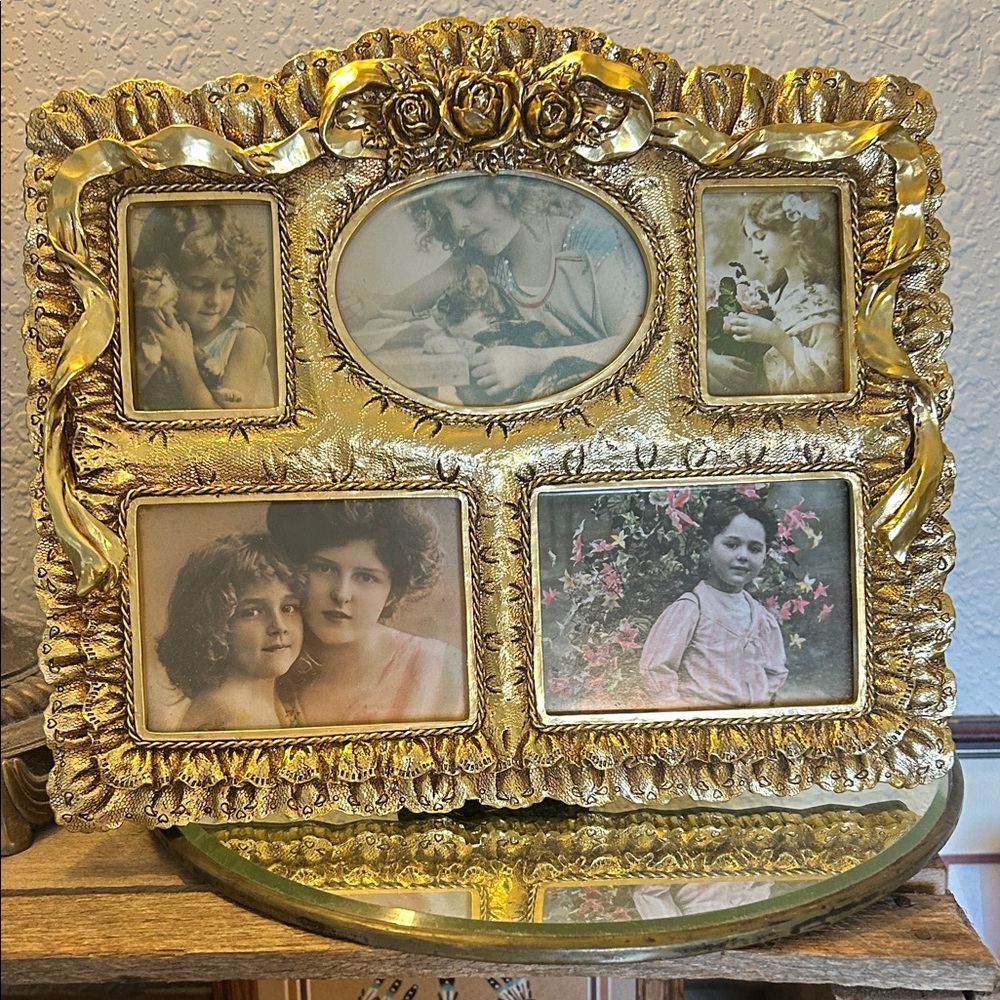 Elegant Gold Photo Frame with Ribbon and Floral Accents Victorian Inspired